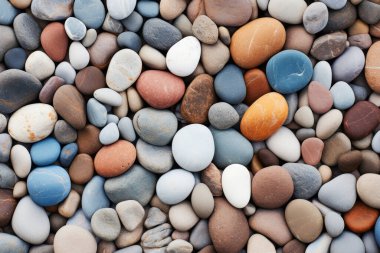Deniz kıyısı çakıl taşları dokusunun işlenmiş kolajı. Pankart, arkaplan veya 3B haritalama için doku