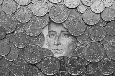 Grigori Skovoroda, 500 Ukrayna Hryvnias para banknotundan gümüş Ukrayna paralarıyla çevrili.