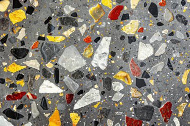 Gri terrazzo desenli fotoğraf yüzey yüzeyine yakın çekim. Arkaplan veya haritalama için arkaplan dokusu