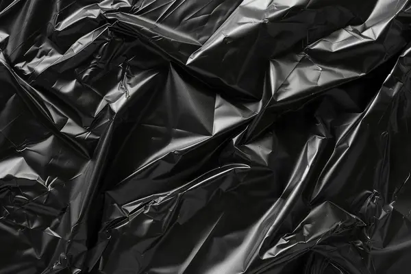 Buruşmuş siyah politen plastik ambalaj kağıdının fotoğrafı. Arkaplan veya haritalama için arkaplan dokusu