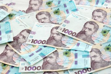 Modern tasarımı olan büyük miktarda Ukraynalı yeni 100 Hryvnia para faturası. Finansal konsept, iş ücretleri