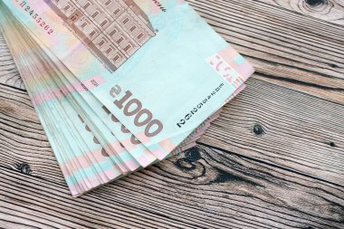Ahşap arka planda modern tasarımı olan büyük miktarda Ukrayna yapımı 100 Hryvnia para faturası. Finansal konsept, iş ücretleri