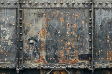 Pas metal duvarlı tren vagonunun yan görüntüsü. Yakından. Arkaplan veya haritalama için arkaplan dokusu