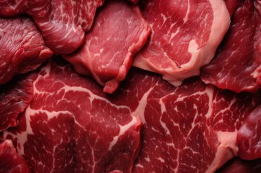 İşlenmiş taze çiğ et yüzey dokusu kolajı. Pankart, arkaplan veya 3B haritalama için doku