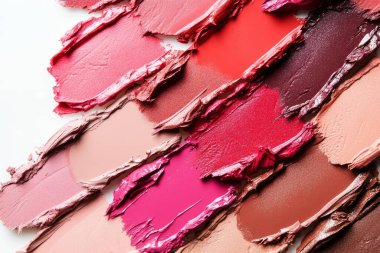 Farklı renkte taze ruj lekelerinin olduğu bir fotoğraf. Arkaplan veya haritalama için arkaplan dokusu