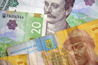 Ukrayna 'nın işlenmiş Hryvnia UAH kolajı banknotların dokusunu destekler. Pankart, arkaplan veya 3B haritalama için doku