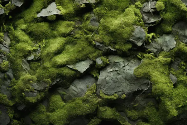 Yosunlu orman yüzey dokusunun işlenmiş kolajı. Pankart, arkaplan veya 3B haritalama için doku