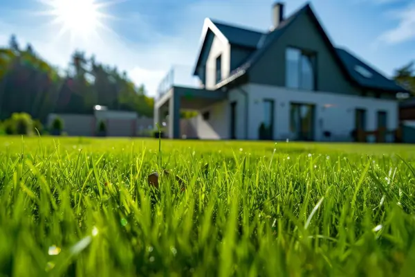 Çevresindeki çimenlik alan zengin yerleşim yerlerini bulanıklaştırıyor. Profesyonel fotoğraf.