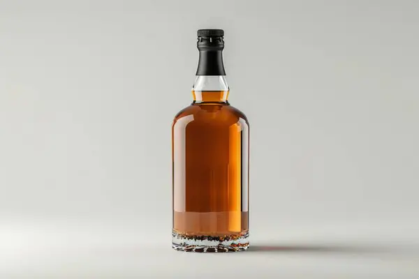 Viski ya da konyak alkol şişesi masanın üzerinde koyu gri arka planda. Profesyonel fotoğraf.