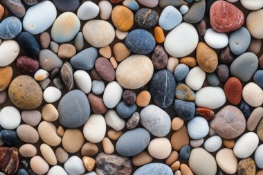 Deniz kıyısı çakıl taşları dokusunun işlenmiş kolajı. Pankart, arkaplan veya 3B haritalama için doku