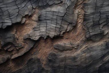 Eski siyah ağaç kabuğu yüzey dokusunun işlenmiş kolajı. Pankart, arkaplan veya 3B haritalama için doku