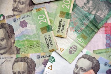 Ukrayna 'nın işlenmiş Hryvnia UAH kolajı banknotların dokusunu destekler. Pankart, arkaplan veya 3B haritalama için doku