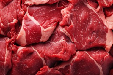 İşlenmiş taze çiğ et yüzey dokusu kolajı. Pankart, arkaplan veya 3B haritalama için doku