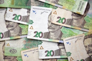 Ukrayna 'nın işlenmiş Hryvnia UAH kolajı banknotların dokusunu destekler. Pankart, arkaplan veya 3B haritalama için doku