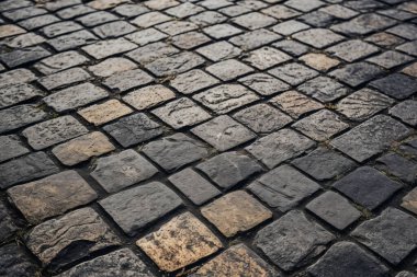 İşlenmiş kaldırım taşları yüzey dokusu kolajı. Pankart, arkaplan veya 3B haritalama için doku