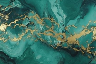 Zümrüt yeşili ve altın mermer desenli işlenmiş kolaj. Pankart, arkaplan veya 3B haritalama için doku