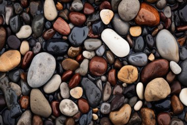 Asfalt dokusunda ıslak çakıl taşlarından oluşan işlenmiş kolaj. Pankart, arkaplan veya 3B haritalama için doku