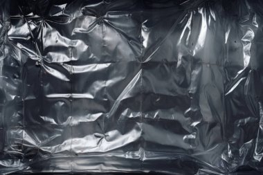Siyah buruşmuş plastik filmin işlenmiş görüntüsü, koyu bir arkaplanda gölgeler.