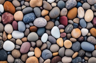 Sahildeki çakıl taşlarının yüzey dokusunun işlenmiş kolajı. Pankart, arkaplan veya 3B haritalama için doku
