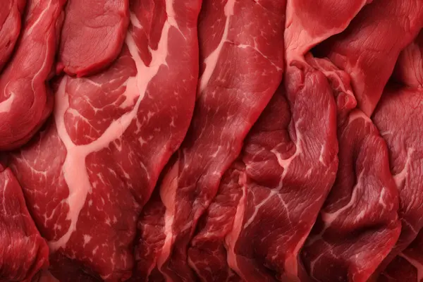 İşlenmiş taze çiğ et yüzey dokusu kolajı. Pankart, arkaplan veya 3B haritalama için doku