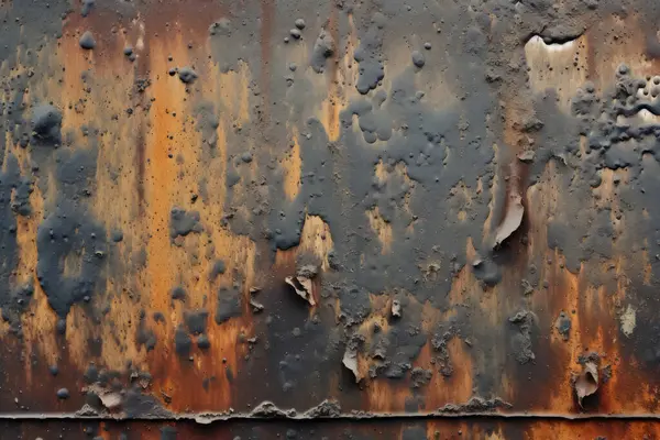 Gündüz vakti paslı metal yaprak dokusunun işlenmiş kolajı. Pankart, arkaplan veya 3B haritalama için doku