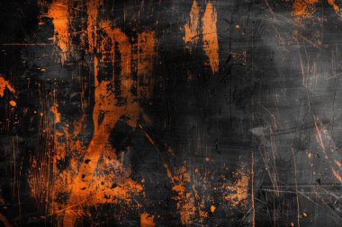 Siyah ve turuncu paslı metal yüzey fotoğrafı. Arkaplan veya haritalama için arkaplan dokusu