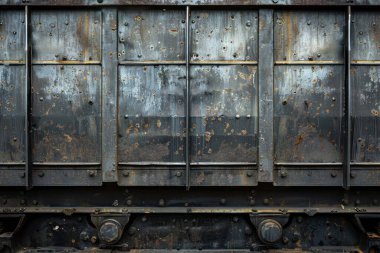 Pas metal duvarlı tren vagonunun yan görüntüsü. Yakından. Arkaplan veya haritalama için arkaplan dokusu