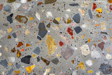 Gri terrazzo desenli fotoğraf yüzey yüzeyine yakın çekim. Arkaplan veya haritalama için arkaplan dokusu