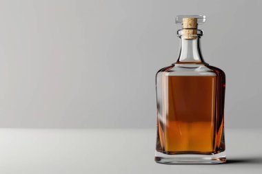 Viski ya da konyak alkol şişesi masanın üzerinde koyu gri arka planda. Profesyonel fotoğraf.