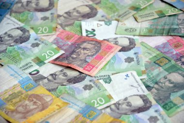 Ukrayna 'nın işlenmiş Hryvnia UAH kolajı banknotların dokusunu destekler. Pankart, arkaplan veya 3B haritalama için doku