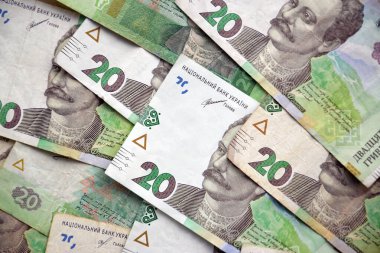 Ukrayna 'nın işlenmiş Hryvnia UAH kolajı banknotların dokusunu destekler. Pankart, arkaplan veya 3B haritalama için doku