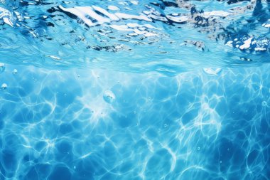 Güneş ışığında işlenmiş mavi su dalgaları dokusu kolajı. Pankart, arkaplan veya 3B haritalama için doku