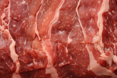 İşlenmiş taze çiğ et yüzey dokusu kolajı. Pankart, arkaplan veya 3B haritalama için doku