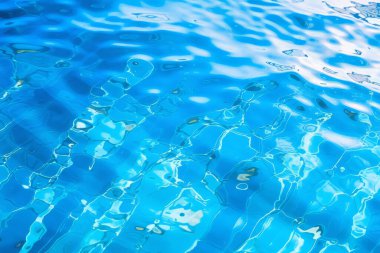 Güneş ışığında işlenmiş mavi su dalgaları dokusu kolajı. Pankart, arkaplan veya 3B haritalama için doku