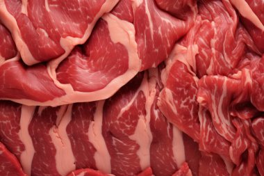 İşlenmiş taze çiğ et yüzey dokusu kolajı. Pankart, arkaplan veya 3B haritalama için doku