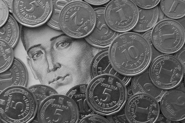 Grigori Skovoroda, 500 Ukrayna Hryvnias para banknotundan gümüş Ukrayna paralarıyla çevrili.