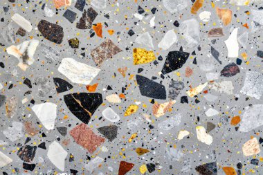 Gri terrazzo desenli fotoğraf yüzey yüzeyine yakın çekim. Arkaplan veya haritalama için arkaplan dokusu