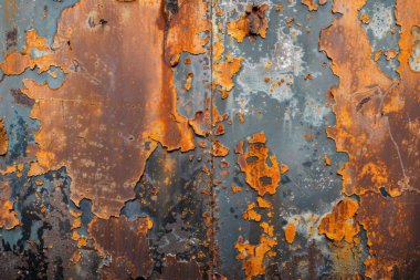 Eski paslanmış ve paslanmış metal yüzeyin kabuğu soyulmuş. Arkaplan veya haritalama için arkaplan dokusu