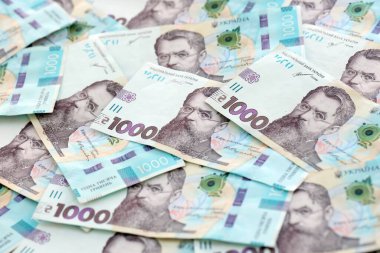 Modern tasarımı olan büyük miktarda Ukraynalı yeni 100 Hryvnia para faturası. Finansal konsept, iş ücretleri