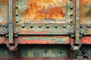 Pas metal duvarlı tren vagonunun yan görüntüsü. Yakından. Arkaplan veya haritalama için arkaplan dokusu