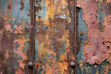 Eski paslanmış ve paslanmış metal yüzeyin kabuğu soyulmuş. Arkaplan veya haritalama için arkaplan dokusu