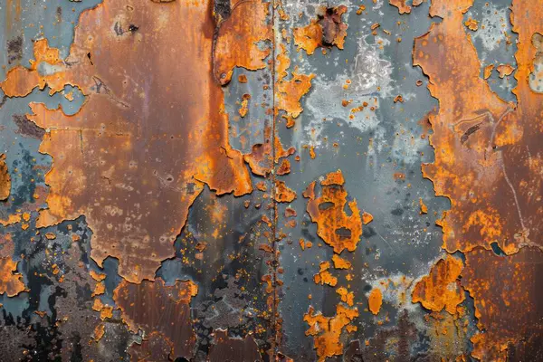 Eski paslanmış ve paslanmış metal yüzeyin kabuğu soyulmuş. Arkaplan veya haritalama için arkaplan dokusu