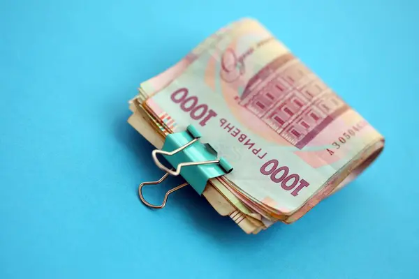 Açık mavi kağıt üzerine Ukrayna para faturaları yakın plan