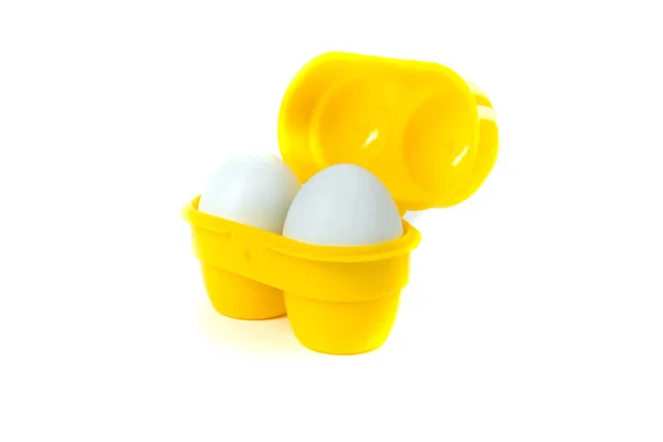 Πράσινο Αγρόκτημα Φρέσκα Αυγά Ένα Μικρό Κίτρινο Δοχείο Κάμπινγκ — Φωτογραφία Αρχείου