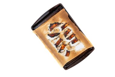 Siyah kurabiye tepsisinin üstünde yanmış turtalar.