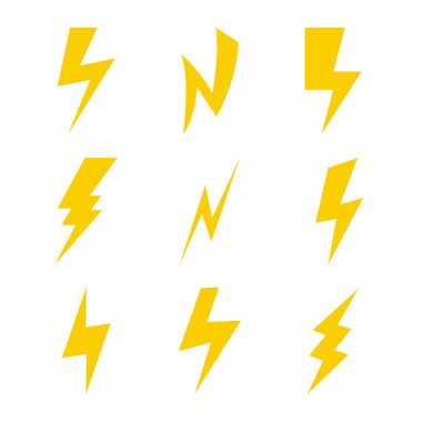 Tasarım için Sarı Yıldırım Simgeleri Koleksiyonu. Elektrik kıvılcımı.