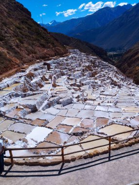 Maras, Peru 'daki sersemletici tuz göletlerinin panoramik manzarası. Canlı renkler ve eşsiz desenler, arka planda And Dağları ile buharlaşan tuzlu su kontrastı tarafından oluşturuldu. Fevkalade!