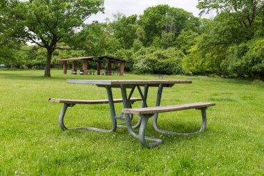 Park pikniği masasında dinlenme, dışarıda dinlenme. Eğlence alanındaki yeşil çimlerin üzerindeki banklar ve masalar.