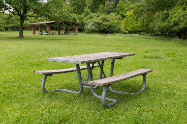 Park pikniği masasında dinlenme, dışarıda dinlenme. Eğlence alanındaki yeşil çimlerin üzerindeki banklar ve masalar.
