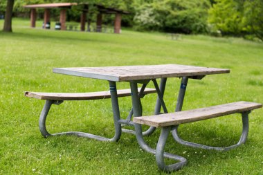 Park pikniği masasında dinlenme, dışarıda dinlenme. Eğlence alanındaki yeşil çimlerin üzerindeki banklar ve masalar.